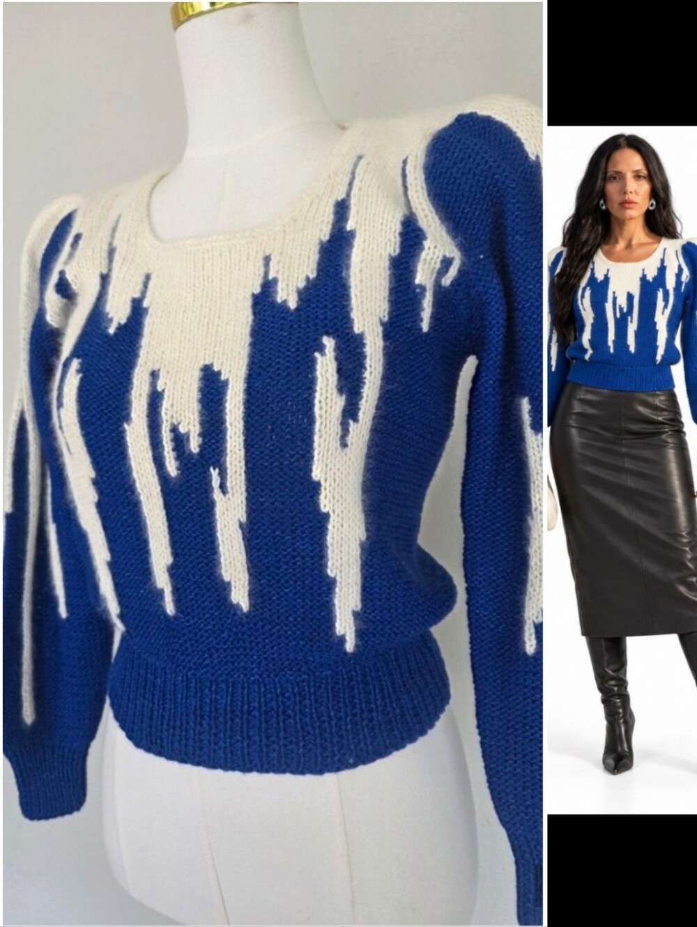Vintage 80s Cobalt Blue Ivory Abstract Angora Knit Puff Sleeve Statement Sweater